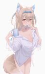  1girl absurdres animal_ear_fluff animal_ears blonde_hair blue_headband breasts brushing_teeth choker cleavage cropped_legs cup dog_ears dog_girl dog_tail double-parted_bangs fang fuwawa_abyssgard headband highres holding holding_cup hololive hololive_english large_breasts long_hair looking_at_viewer midori_xu mug multicolored_hair naked_shirt pink_eyes shirt sidelocks standing streaked_hair tail thighs two_side_up white_background white_choker 