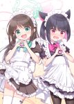  2girls :d airi_(blue_archive) alternate_costume apron black_dress black_hair blue_archive blush bow brown_dress brown_hair brown_pantyhose collared_shirt commentary_request dress enmaided frilled_apron frilled_dress frills green_bow green_eyes halo hands_up harada_(sansei_rain) heart heart_hands highres kazusa_(blue_archive) long_hair maid maid_apron maid_headdress multicolored_hair multiple_girls pantyhose pink_bow pink_hair puffy_short_sleeves puffy_sleeves red_eyes shirt short_sleeves smile sweat thighhighs two-tone_hair very_long_hair wavy_mouth white_apron white_background white_thighhighs 