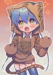  1girl animal_ear_hood animal_hands animal_print blue_hair blue_thighhighs brown_hoodie collared_shirt commentary_request cone_hair_bun cowboy_shot death_merumeru drawstring fake_tail fangs floral_background garter_straps gloves gradient_background grey_background hair_bun highres hood hood_up hoodie leaning_forward long_hair looking_at_viewer meandros open_mouth outline paw_gloves red_background shinigami_dot_com shirt solo tail thighhighs tiger_print tiger_tail twintails white_outline yasashii_naizou yellow_eyes 