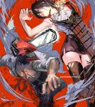  1boy 1girl black_choker black_hair black_skirt black_thighhighs chainsaw chainsaw_man choker collared_shirt denji_(chainsaw_man) explosion facing_to_the_side grenade_pin guri_otoko hair_between_eyes highres looking_at_viewer miniskirt open_clothes parted_lips red_background reze_(chainsaw_man) sharp_teeth shirt short_hair skirt sleeveless smile smoke teeth thighhighs white_shirt 