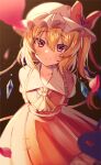  1girl arms_behind_back ascot blonde_hair bow brown_background collar collarbone collared_shirt cowboy_shot flandre_scarlet frilled_collar frills hat hat_bow highres laevatein_(touhou) light_particles looking_at_viewer medium_hair mob_cap negita39 one_side_up red_bow red_eyes red_skirt red_vest shirt skirt skirt_set smile solo touhou vest white_headwear white_shirt yellow_ascot 