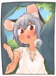  1girl :o animal_ear_fluff animal_ears blue_sky blush border canopy_(forest) commentary_request flat_chest from_below greenpiecerice grey_hair hair_between_eyes highres looking_at_viewer medium_bangs mouse_ears mouse_girl nazrin open_mouth outdoors red_eyes shirt short_hair sky solo sweat sweatdrop touhou tree upper_body v-shaped_eyebrows white_border white_shirt 