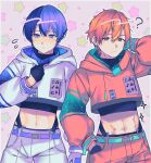  2boys ? aoyagi_touya belt black_gloves blonde_hair blue_eyes blue_hair blush buckle closed_mouth commentary_request cropped_hoodie dark_blue_hair earrings gloves hand_in_pocket highres hood hood_down hoodie jewelry kinomi_3030 long_sleeves male_focus midriff multicolored_hair multiple_boys orange_eyes orange_hair project_sekai shinonome_akito short_hair split-color_hair star_(symbol) streaked_hair two-tone_hair 