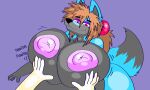  anthro big_breasts breast_grab breast_squish breasts canid canine canis dahliathefox duo female hand_on_breast huge_breasts hyper hyper_breasts looking_at_viewer looking_pleasured male male/female mammal nipples smile squish viewer_pov wolf wolfy_(dahliathefox) 