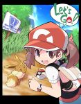  1girl :3 :d backpack bag baseball_cap blue_sky brown_eyes brown_hair cloud day eevee elaine_(pokemon) grass hat highres holding holding_poke_ball kanto_route_1 mew_(pokemon) open_mouth outdoors path poke_ball poke_ball_(basic) pokemon pokemon_(creature) pokemon_(game) pokemon_lgpe ponytail rascal rattata red_headwear short_hair short_sleeves sign sky smile solo speech_bubble two-tone_headwear white_headwear 