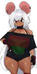  alina_(zanamaoria) animal_humanoid big_breasts breasts brown_eyes cleavage clothed clothing dark_body dark_skin ear_piercing female hair hi_res huge_breasts huge_thighs humanoid long_hair mammal mammal_humanoid murid murid_humanoid murine murine_humanoid piercing rat_humanoid rodent rodent_humanoid shirt simple_background solo standing thick_thighs topwear white_hair zanamaoria 