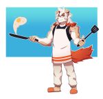  2020 absurd_res anthro apron arknights bottomwear canid canine canis clothing cooking domestic_dog fur hair hi_res horn hung_(arknights) hypergryph looking_at_viewer male mammal multicolored_body multicolored_fur multicolored_hair muscular muscular_anthro muscular_male orange_hair orange_tail pan pants rabbitdx26 slippers solo studio_montagne tail tan_body tan_fur topwear two_tone_body two_tone_fur two_tone_hair white_body white_fur white_hair yellow_eyes 