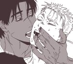  2boys balnom bara blind blood dark-skinned_male dark_skin finger_in_another&#039;s_mouth half-closed_eyes highres interracial licking licking_another&#039;s_cheek licking_another&#039;s_face male_focus mature_male mismatched_pupils monochrome multiple_boys nosebleed original saliva short_hair sweat thick_eyebrows very_sweaty yaoi 