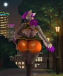  2023 anthro artist_name avian big_butt bird blep bodypaint butt cheerleader_outfit city clothing detailed_background female hair hi_res looking_at_viewer looking_back moon night painted_butt panties pumpkin_butt purple_hair raised_tail ribbon_(bowhuskers) sammfeatblueheart sidewalk solo street_lamp tail tongue tongue_out underwear walking winged_arms wings 
