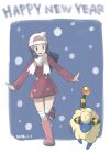  1girl :d beanie black_hair boots coat commentary_request dated dawn_(pokemon) eyelashes grey_eyes hair_ornament hairclip happy_new_year hat leg_up long_hair long_sleeves mareep open_mouth over-kneehighs pink_footwear pokemon pokemon_(creature) pokemon_(game) pokemon_dppt pokemon_platinum sawa_(soranosawa) scarf sidelocks smile standing standing_on_one_leg thighhighs white_headwear white_scarf 