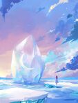  1girl absurdres artist_name cloud cloudy_sky commentary crescent_moon english_commentary facing_away from_behind frozen gradient_sky highres ice ice_crystal moon original outdoors signature sky snow solo standing star_(sky) starry_sky twilight wide_shot yuzuki_kino 
