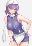  1girl absurdres adapted_costume apron blue_eyes breasts commentary_request grey_background hair_between_eyes highres kuraki lapel_pin large_breasts leaning_forward letty_whiterock looking_at_viewer purple_hair scarf short_hair simple_background sleeveless solo touhou waist_apron white_apron white_headwear white_scarf 
