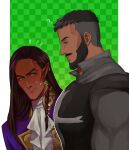  2boys absurdres aroused ascot bara beard black_hair blush braid brown_hair buzz_cut castlevania castlevania:_nocturne couple dark-skinned_male dark_skin facial_hair from_side green_eyes highres large_pectorals leaning_forward long_hair loo looking_at_another looking_at_pectorals male_focus mature_male meme mizrak_(castlevania) multiple_boys muscular muscular_male nervous_sweating olrox pectoral_envy_(meme) pectorals pkbth pointy_ears priest short_hair sweat thick_eyebrows thick_mustache upper_body very_short_hair yaoi 