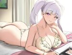  1girl ass bare_shoulders blush bra bracelet breasts cleavage collarbone commission highres jewelry lace-trimmed_bra lace-trimmed_panties lace_trim large_breasts long_hair original panties purple_eyes purple_hair smile solo thighhighs twin_(tt_lsh) twintails underwear 