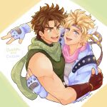  2boys :d battle_tendency blonde_hair blue_eyes brown_hair caesar_anthonio_zeppeli character_name commentary_request crop_top facial_mark feather_hair_ornament feathers fingerless_gloves gloves green_eyes grm_jogio hair_ornament highres hug jojo_no_kimyou_na_bouken joseph_joestar joseph_joestar_(young) looking_at_viewer male_focus multiple_boys open_mouth scarf short_hair smile striped striped_scarf toned triangle_print 