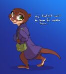  anthro biped blue_background clothed clothing dialogue disney english_text female green_eyes hi_res mammal mrs._otterton mustelid open_mouth otter simple_background siroc smile solo text zootopia 