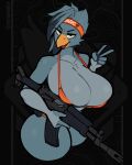  anthro assault_rifle avian bandanna big_breasts bikini bikini_bottom bikini_top breast_squish breasts clothing female gesture gun kerchief looking_at_viewer ranged_weapon remanedur rifle solo squish swimwear thick_thighs v_sign weapon wide_hips 