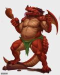  absurd_res anthro big_muscles bottomwear buckovskiart claws clothing dragon fantasy food hi_res hungry loincloth male male/male meat musclegut muscular overweight overweight_male red_body scales scalie skirt solo spread_wings weretober wings yellow_eyes 