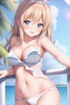  1girl absurdres bare_shoulders beach bikini blue_eyes blue_sky blush breasts cleavage cloud cloudy_sky collarbone cowboy_shot day hairband heart heart-shaped_pupils highres horizon large_breasts non-web_source sky swimsuit symbol-shaped_pupils 