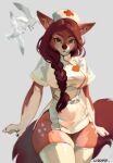  anthro brown_body brown_fur brown_hair canid canine clothed clothing female fox fur green_eyes hair hi_res legwear lisovik. looking_at_viewer mammal nurse_clothing nurse_uniform solo stockings uniform 