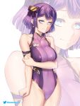  1girl alternate_costume bernadetta_von_varley breasts closed_mouth commentary covered_navel earrings english_commentary etchimune fire_emblem fire_emblem:_three_houses grey_eyes hair_ornament highleg highleg_swimsuit jewelry looking_at_viewer medium_breasts one-piece_swimsuit purple_hair purple_one-piece_swimsuit short_hair smile solo swimsuit twitter_logo twitter_username 