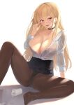  1girl adjusting_eyewear azur_lane black_bra black_choker black_panties black_skirt blonde_hair bra bra_visible_through_clothes breasts brown_pantyhose choker cleavage foot_out_of_frame hair_between_eyes high-waist_skirt highres implacable_(azur_lane) implacable_(shepherd_of_the_&quot;lost&quot;)_(azur_lane) itaba_atsushi large_breasts long_hair long_sleeves looking_at_viewer office_lady official_alternate_costume panties panties_under_pantyhose pantyhose partially_unbuttoned pencil_skirt red_eyes see-through see-through_shirt shirt shirt_tucked_in simple_background sitting skirt solo tongue tongue_out underwear water white_background white_shirt 