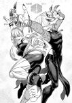  2girls a.k.i._(street_fighter) claws daromeon greyscale hair_over_one_eye highres kicking logo looking_at_viewer manon_legrand monochrome multiple_girls muscular muscular_female street_fighter street_fighter_6 