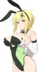  1girl absurdres akatsuki_kirika animal_ears bare_shoulders black_leotard blaze_(blaze_pso2) blonde_hair blush breast_hold breasts closed_mouth commentary_request dated_commentary detached_collar elbow_gloves fake_animal_ears fake_tail gloves green_leotard hair_between_eyes hair_ornament highres large_breasts leotard looking_ahead nipples playboy_bunny rabbit_ears rabbit_tail senki_zesshou_symphogear short_hair sidelocks simple_background solo strapless strapless_leotard tail two-tone_leotard white_background white_gloves x_hair_ornament 