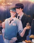  2boys black_jacket black_necktie black_pants blue_eyes candy champagne_flute closed_mouth cup diamond_wa_kudakenai drinking_glass drunk earrings food formal green_eyes green_hair headband height_difference higashikata_josuke highres holding holding_cup indoors jacket jewelry jojo_no_kimyou_na_bouken kishibe_rohan long_sleeves looking_at_another male_focus multiple_boys necktie pants polina29297783 pompadour ring shirt sleeves_rolled_up smile sweater_vest white_shirt yaoi 