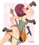  1girl ^_^ armpit_sex armpits ass back blunt_bangs blush bocchi_the_rock! body_writing breasts closed_eyes dress electric_guitar fellatio green_dress guitar heart hiroi_kikuri instrument long_hair microphone microphone_stand multiple_penises oral panties panty_pull penis penis_grab purple_hair purple_panties rezodwel sex sleeveless sleeveless_dress solo tally testicles uncensored underwear 