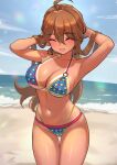  1girl ^_^ ahoge armpits arms_up beach bikini blush breasts brown_hair c_(theta) cleavage closed_eyes collarbone groin highres idolmaster idolmaster_million_live! large_breasts multicolored_bikini multicolored_clothes navel o-ring o-ring_bikini outdoors patterned_clothing signature smile solo stomach swimsuit tan tanlines thigh_gap tokoro_megumi 