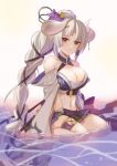  1girl azusa_(granblue_fantasy) azusa_(summer)_(granblue_fantasy) bandaged_hand bandages bare_shoulders bikini blush braid braided_ponytail breasts cleavage draph flower granblue_fantasy hair_flower hair_ornament high_ponytail highres horns large_breasts long_hair looking_at_viewer navel official_alternate_costume official_alternate_hairstyle pointy_ears ponytail purple_bikini purple_flower red_eyes skirt solo swimsuit thighs very_long_hair white_hair yu-li 