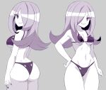  1girl absurdres abysswatchers ass bikini black_bikini breasts commission grey_background grin hair_over_one_eye highres little_witch_academia long_hair looking_at_viewer medium_breasts multiple_views navel pale_skin purple_eyes purple_hair purple_nails sharp_teeth simple_background smile stomach sucy_manbavaran swimsuit teeth wide_hips 
