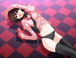  1girl :d arm_up artist_name bangs black_background black_eyes black_necktie black_panties black_thighhighs black_undershirt blush bob_cut breasts checkered_background checkered_floor clothes_lift commentary empty_eyes feet_out_of_frame hair_over_eyes hand_on_own_head highres kikumaru_bunta long_bangs long_sleeves looking_at_viewer looking_to_the_side looking_up lying midriff monogatari_(series) naoetsu_high_school_uniform navel necktie on_back on_floor open_mouth oshino_ougi pale_skin panties pink_shirt puffy_sleeves red_background school_uniform shadow shirt shirt_lift short_hair signature sleeves_past_fingers sleeves_past_wrists small_breasts smile solo thighhighs translated undershirt underwear 