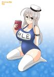  1girl asymmetrical_sidelocks blue_background blue_eyes blue_one-piece_swimsuit blush breasts cosplay dated glasses gradient_background grey_hair hat heywood_l._edwards_(kancolle) highres i-8_(kancolle) i-8_(kancolle)_(cosplay) kantai_collection large_breasts long_hair look-alike looking_at_viewer moritaku0708 name_tag one-piece_swimsuit red-framed_eyewear sailor_hat school_swimsuit semi-rimless_eyewear simple_background sitting smile solo swimsuit thighhighs twitter_username wariza white_thighhighs 