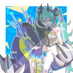  1girl aqua_hair black_gloves claws double_bun dragon dragon_horns dragon_miku_(project_voltage) electricity fake_horns gloves hair_bun hatsune_miku headphones highres horns long_hair miraidon multicolored_eyes open_mouth pants pokemon pokemon_(creature) project_voltage shade shirt shoulder_cape single_bare_shoulder sleeveless sleeveless_shirt syusui8837poke1 twintails very_long_hair vocaloid white_pants 