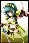  1girl ahoge alternate_costume arm_up armor armored_boots asymmetrical_gloves bikini_armor black_gloves blunt_bangs blush boots breasts brown_background cleavage closed_mouth commentary_request faulds fingerless_gloves foreshortening from_above gloves green_armor green_background green_hair hand_on_hilt highres long_hair looking_at_viewer mismatched_gloves multicolored_background natsu_tuna navel orange_eyes pauldrons planted planted_sword pointing pointing_at_viewer shoulder_armor sidelocks single_bracer single_fingerless_glove smile solo standing stomach sword thigh_boots tiara touhoku_zunko voiceroid weapon white_background 