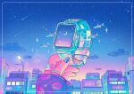  1girl apple_watch artist_name blue_nails blue_sky border building city cloud commentary crescent_moon female_pov fish hand_up highres holding jewelry lamppost long_sleeves moon multicolored_nails multiple_rings nail_polish neon_lights neon_tetra night night_sky original out_of_frame outdoors pov pov_hands purple_nails ring shooting_star sky sleeves_past_wrists smartwatch solo sparkle star_(sky) tetra_(fish) tropical_fish wacca005 watch wristwatch 
