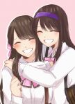  2girls :d ^_^ arm_at_side assault_lily blush bow bowtie brown_hair checkered_bow checkered_bowtie checkered_clothes closed_eyes collared_shirt commentary corset facing_viewer fukuyama_jeanne_sachie grin hair_bow hairband hand_up hands_up heads_together hug hug_from_behind kishimoto_maria_mirai long_hair ludvico_private_girls&#039;_academy_school_uniform mole mole_under_mouth multiple_girls nigari_(ngari_0115) pink_background pink_bow pink_bowtie polka_dot polka_dot_background purple_hairband school_uniform shirt sidelocks smile suspenders upper_body white_shirt 