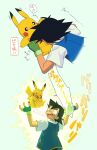  1boy ash_ketchum black_eyes black_hair blue_jacket commentary_request electrocution fingerless_gloves gloves green_gloves hands_up highres holding holding_pokemon jacket knhrpnkt male_focus multiple_views open_mouth pikachu pokemon pokemon_(anime) pokemon_(classic_anime) pokemon_(creature) speech_bubble sweat tongue translation_request 