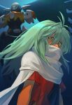  1girl a_(user_vtsy8742) antenna_hair covered_mouth crescens dark-skinned_female dark_skin emerada_(xenogears) green_hair hair_between_eyes highres long_hair looking_at_viewer mecha red_shirt robot scarf shirt short_sleeves solo torn_clothes torn_shirt upper_body white_scarf xenogears yellow_eyes 