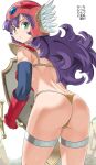  1girl armor ass bikini_armor breasts curly_hair dragon_quest dragon_quest_iii elbow_gloves gloves helmet imaichi long_hair looking_at_viewer purple_hair red_armor shield soldier_(dq3) solo sword thong weapon winged_helmet 