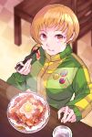  1girl :t absurdres beef blurry blurry_background breasts brown_eyes brown_hair chair chopsticks depth_of_field eating egg_(food) eyelashes food from_above green_jacket gyuudon hand_up highres holding indoors jacket long_sleeves looking_at_viewer persona persona_4 rice satonaka_chie shadow short_hair sidelocks solo steam tile_floor tiles tiritumo_mt track_jacket upper_body 