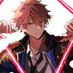  1boy black_necktie brown_eyes brown_hair collared_shirt commentary ensemble_stars! fingernails hair_between_eyes hands_up highres jacket llmtmllmt long_sleeves looking_at_viewer male_focus morisawa_chiaki necktie official_alternate_costume open_clothes open_collar open_jacket shirt short_hair smile solo star_(symbol) symbol-only_commentary teeth white_background 