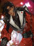  1boy black_hair blurry blurry_background bug butterfly butterfly_necklace chinese_clothes earrings eyepatch fur_trim half_updo hanfu highres hua_cheng jewelry long_hair long_sleeves male_focus nak1_00 parted_bangs parted_lips red_eyes silver_trim solo tian_guan_ci_fu twitter_username very_long_hair white_butterfly wide_sleeves 