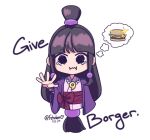  1girl ace_attorney artist_name black_hair brown_eyes burger dated english_commentary english_text fehden food highres jewelry long_hair magatama magatama_necklace maya_fey necklace ponytail simple_background solo sparkle tears thought_bubble twitter_username white_background 