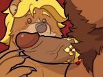  4:3 absurd_res accessory anthro bear blonde_eyebrows blonde_hair blush blush_lines bodily_fluids body_hair brown_bear brown_body brown_eyes brown_fur brown_pubes cel_shading clawed_fingers close-up cock_ring dripping duo erection eyebrows father_(lore) father_and_child_(lore) father_and_son_(lore) foreskin fur gem genital_fluids genitals hair happy_trail hi_res humanoid_genitalia humanoid_hands humanoid_penis incest_(lore) jewelry king_regulus looking_at_genitalia looking_at_penis male male/male mammal parent_(lore) parent_and_child_(lore) parent_and_son_(lore) pawpads penis penis_accessory penis_jewelry precum precum_drip prince_orion pubes quasarbearcat red_background retracted_foreskin shaded simple_background solo_focus son_(lore) throbbing_penis ursine vein veiny_penis wavy_hair wide_eyed 