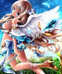  1girl bare_shoulders blue_eyes blue_sky breasts feathered_wings feathers from_side grass hair_ornament high_heels holding holding_staff jewelry light_brown_hair long_hair looking_at_viewer looking_back mintsu_(ichi--kun) original outdoors sky smile solo staff very_long_hair white_wings wings 