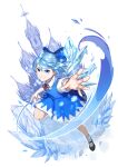  1girl absurdres black_footwear blue_bow blue_dress blue_eyes blue_hair bow castle cirno cirno_day closed_mouth collared_shirt commentary_request dress flat_chest full_body hair_bow highres ice ice_wings leg_up looking_at_viewer mary_janes medium_bangs neck_ribbon pinafore_dress rapo_01 reaching reaching_towards_viewer red_ribbon ribbon shirt shoes short_hair sleeveless sleeveless_dress smile snowflakes socks solo touhou v-shaped_eyebrows white_background white_shirt white_socks wings 