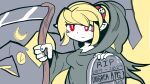  1girl black_cloak blonde_hair cloak crescent_moon desgardes disgaea disgaea_rpg hair_ornament holding holding_scythe looking_at_viewer moon night ponytail red_eyes rozalin scythe shinigami skull solo tombstone 